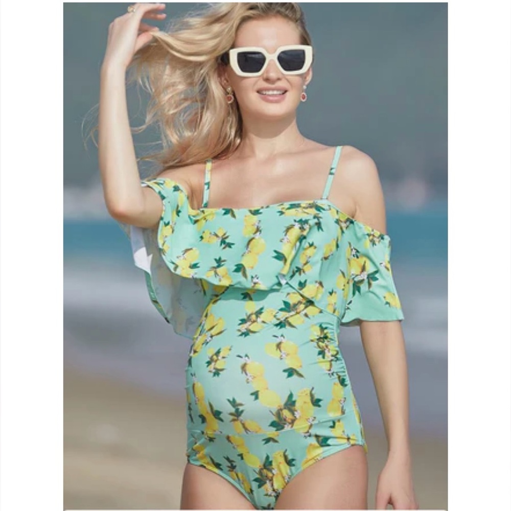 Off the shoulder ruffle maternity swimsuit lemon tree
